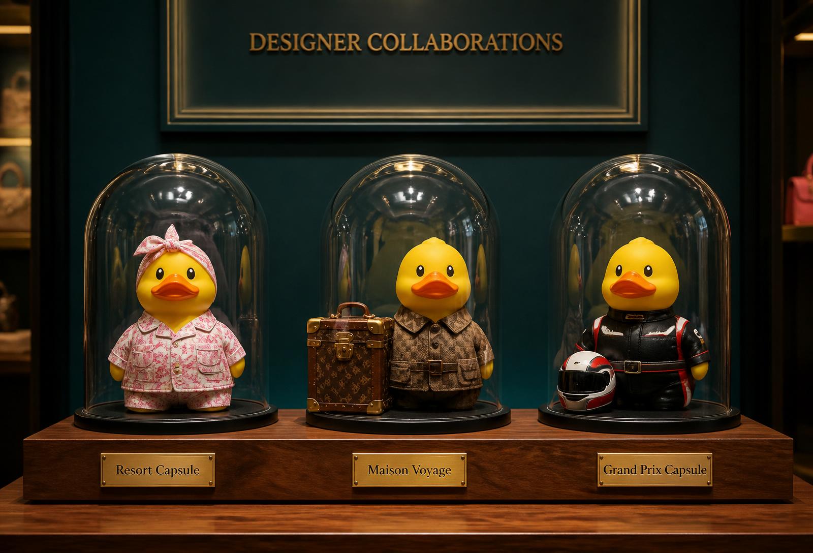 Designer Collaborations shelf — Roller Rabbit resort capsule, Maison Voyage travel capsule, Grand Prix racing capsule under glass cloches