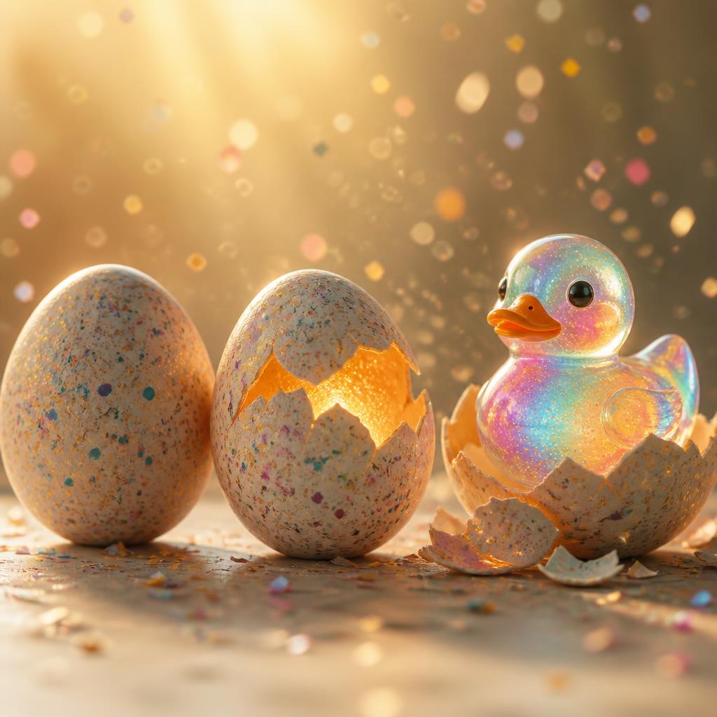 A speckled Pato Duck egg cracking open to reveal an iridescent rainbow duck inside