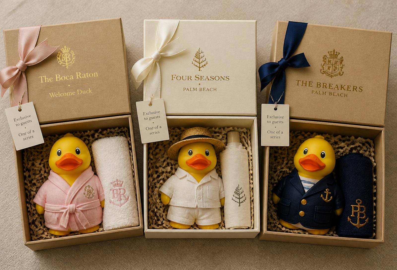 Three hotel-exclusive Pato Duck welcome boxes: The Boca Raton, Four Seasons Palm Beach, The Breakers