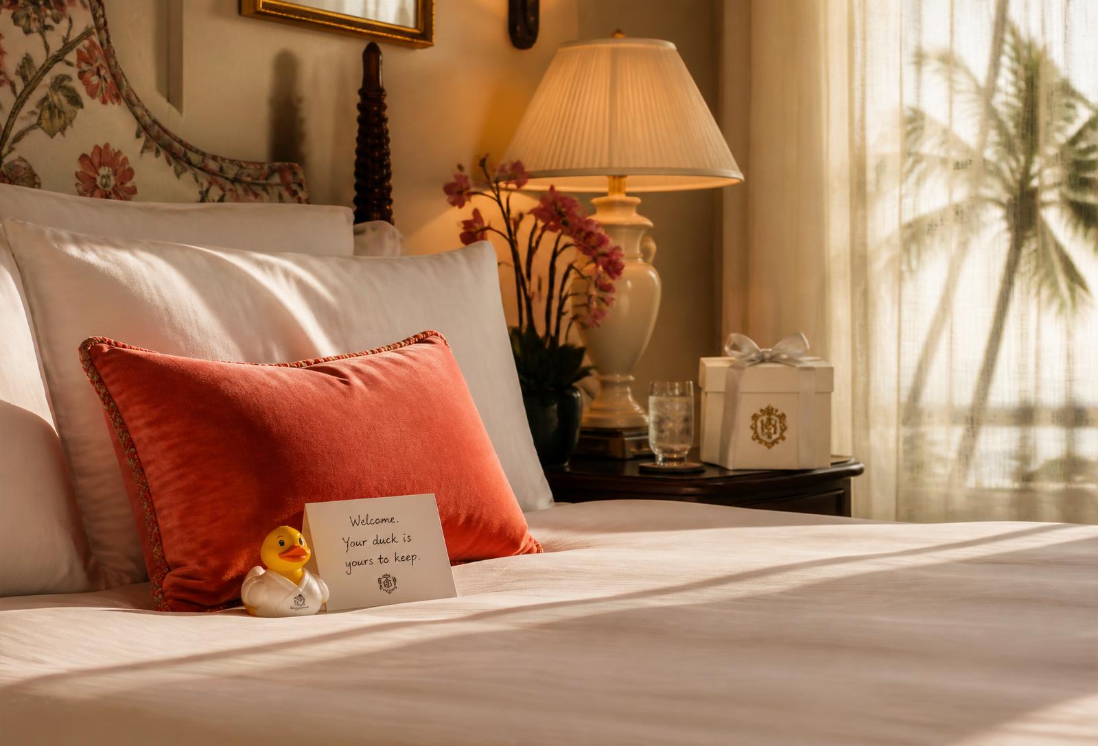 Turndown scene — Pato Duck on a coral pillow with a hand-written welcome note