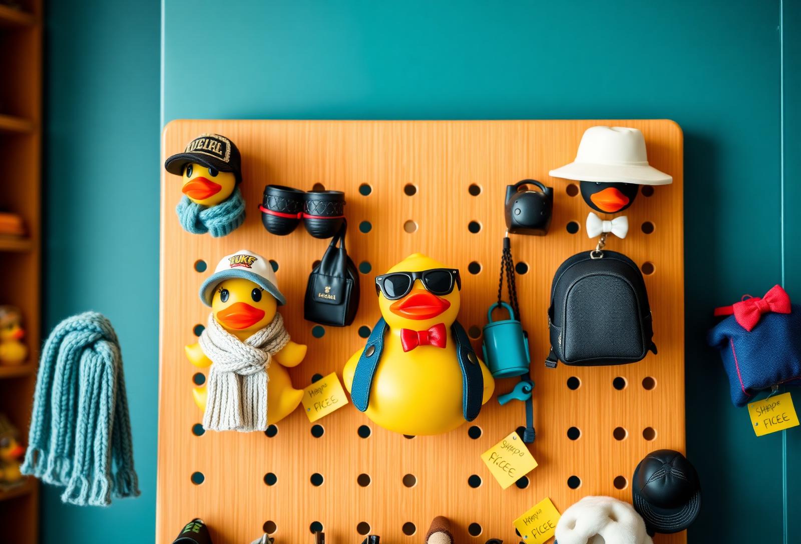 Pegboard wall of tiny duck accessories