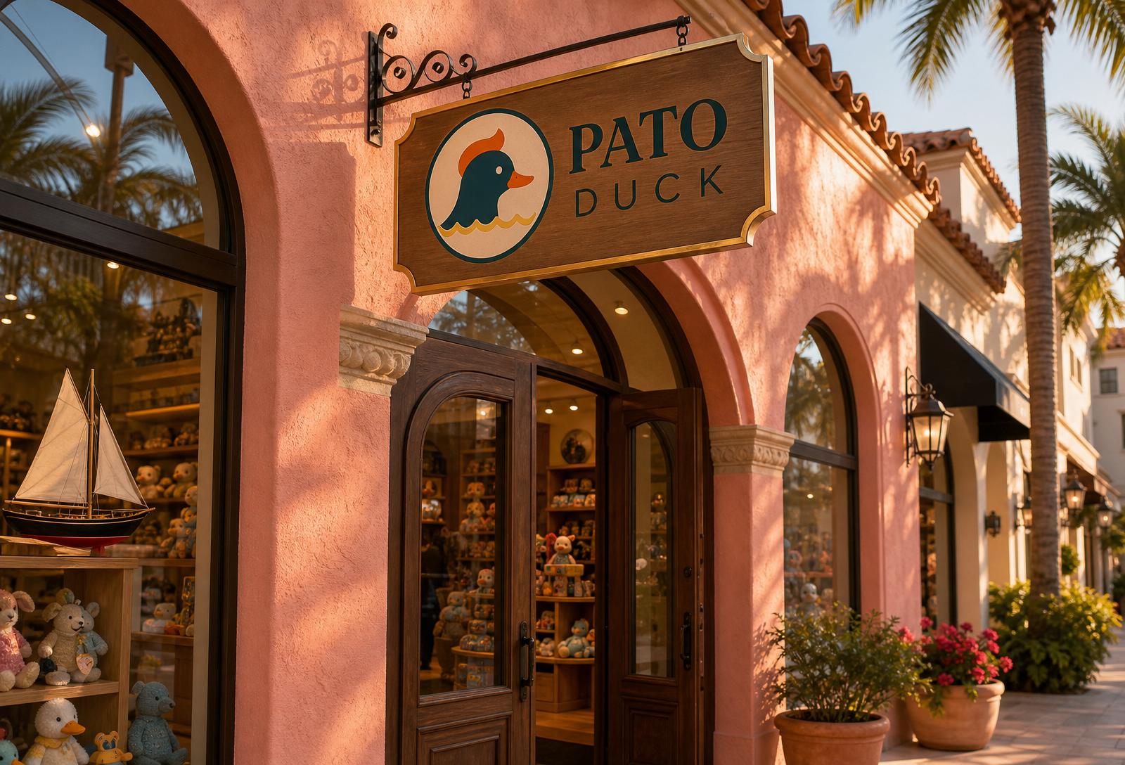 Pato Duck flagship storefront in Boca Raton — coral stucco Mediterranean Revival building with palm trees, arched windows and the hatching wall visible inside