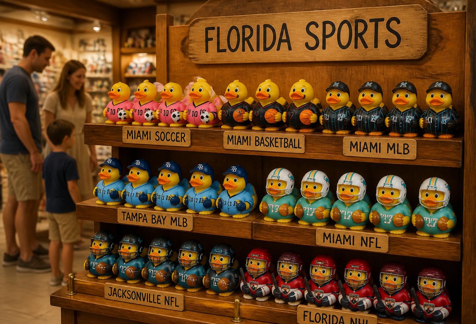Florida Sports shelf — ducks in team colors organized by city