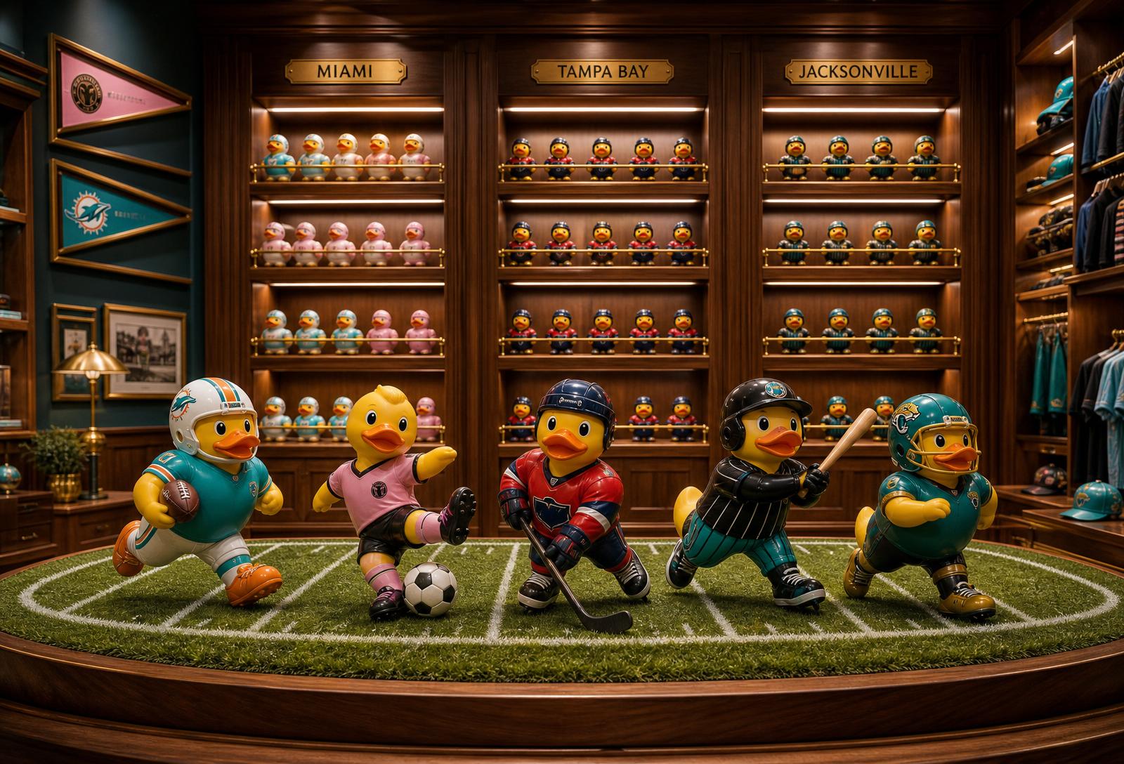 Florida Sports shelf — ducks in team colors organized by city
