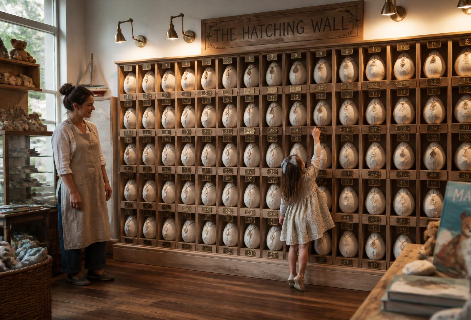 Numbered egg hatching wall inside the flagship
