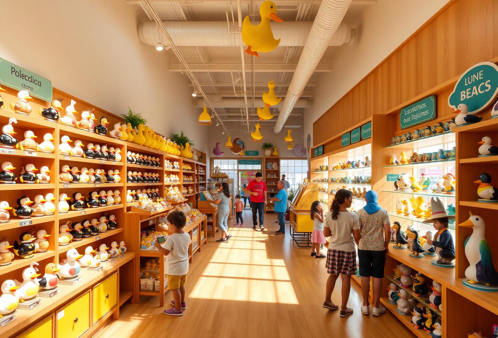 Main floor with themed duck shelves and families browsing