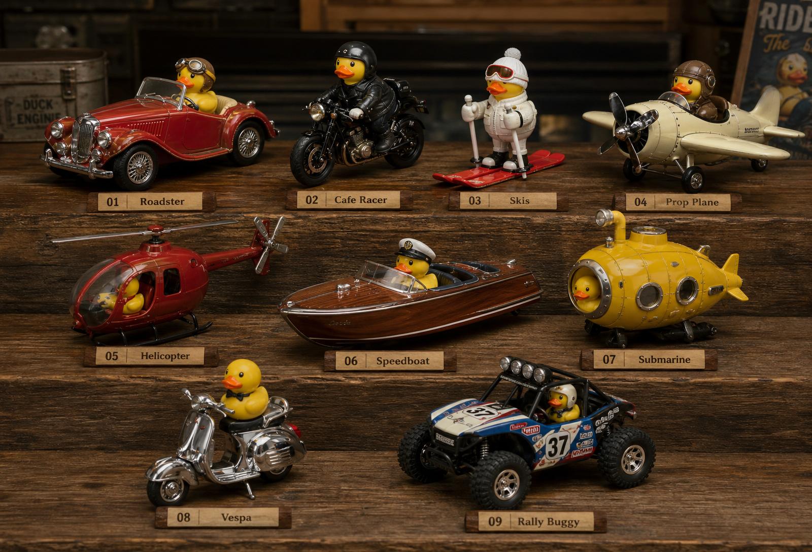 Pato Duck Garage — a curated fleet of miniature collectible vehicles for rubber-duck drivers: roadster, cafe racer, ski set, prop plane, chopper, speedboat, submarine, vespa and rally buggy